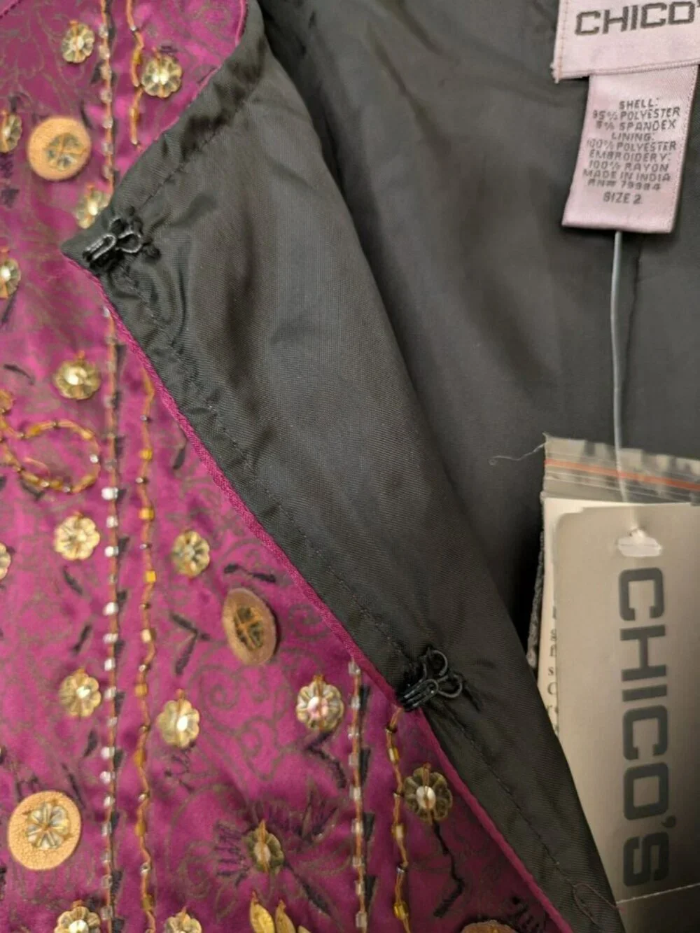NWT Chico's Size 2 (L/12) Royal Glam Fuschia Ratune Jacket Beaded Satin Jacket